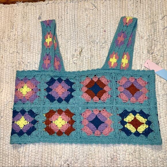 NWT TURQUOISE GRANNY SQUARE CROCHET CROP TOP M - Picture 10 of 11